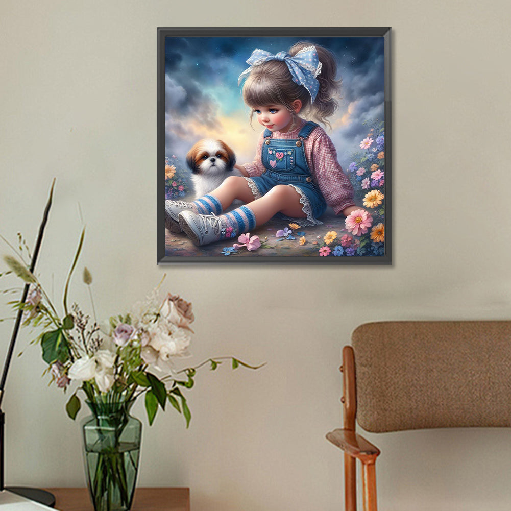 Little Girl And Puppy In The Garden - Full Round Drill Diamond Painting 30*30CM