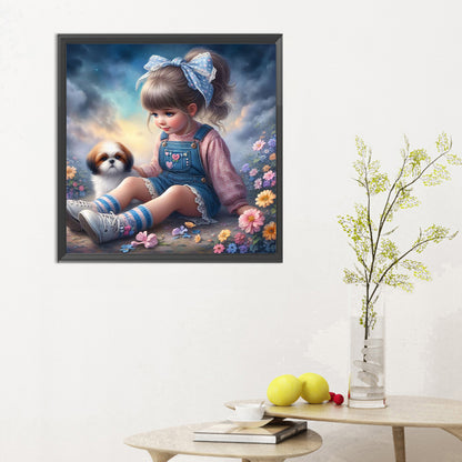 Little Girl And Puppy In The Garden - Full Round Drill Diamond Painting 30*30CM