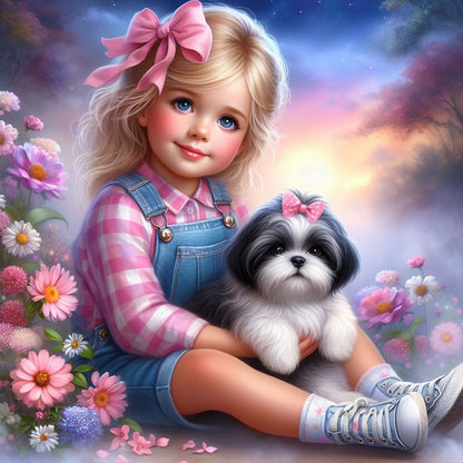 Little Girl And Puppy In The Garden - Full Round Drill Diamond Painting 30*30CM