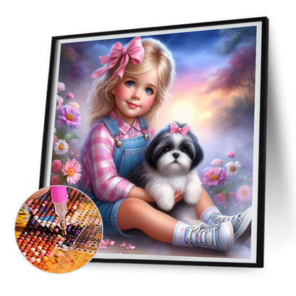 Little Girl And Puppy In The Garden - Full Round Drill Diamond Painting 30*30CM