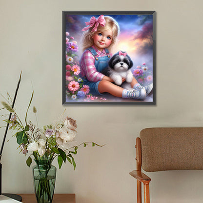 Little Girl And Puppy In The Garden - Full Round Drill Diamond Painting 30*30CM