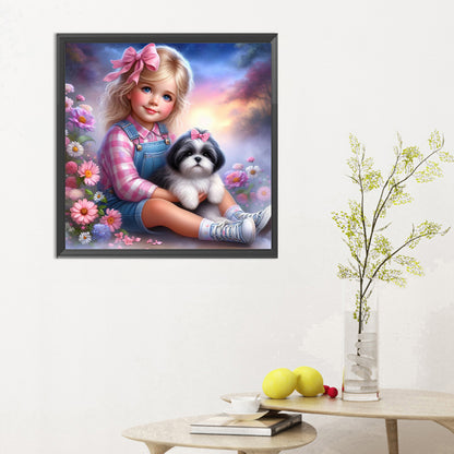 Little Girl And Puppy In The Garden - Full Round Drill Diamond Painting 30*30CM