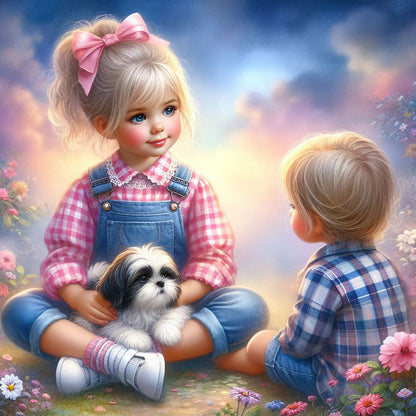 Little Girl And Puppy In The Garden - Full Round Drill Diamond Painting 30*30CM