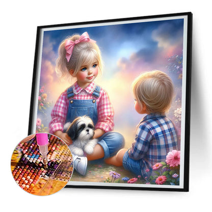 Little Girl And Puppy In The Garden - Full Round Drill Diamond Painting 30*30CM