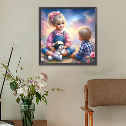 Little Girl And Puppy In The Garden - Full Round Drill Diamond Painting 30*30CM