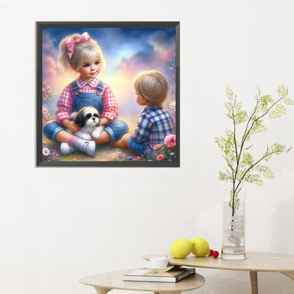 Little Girl And Puppy In The Garden - Full Round Drill Diamond Painting 30*30CM