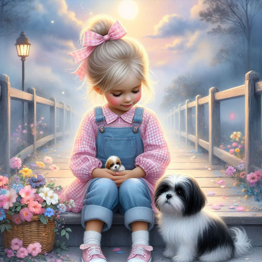 Little Girl And Puppy In The Garden - Full Round Drill Diamond Painting 30*30CM