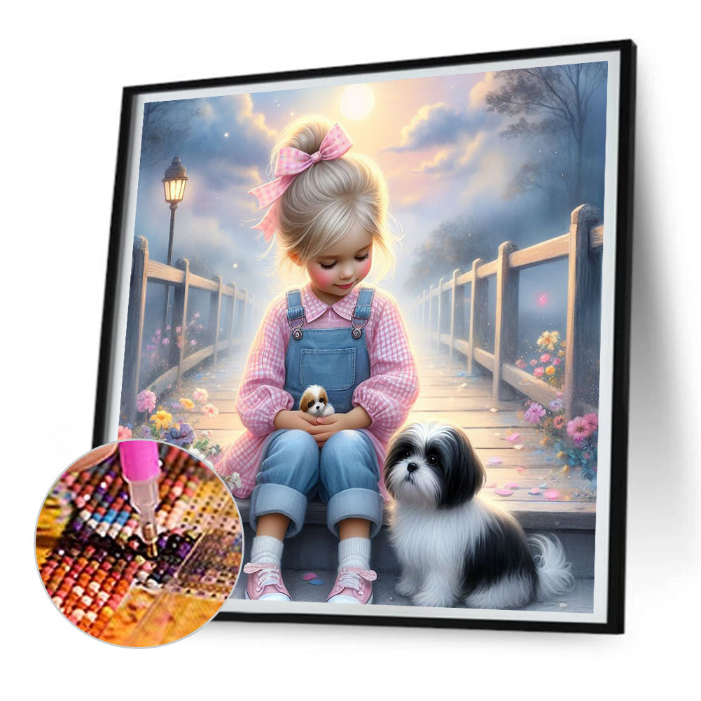 Little Girl And Puppy In The Garden - Full Round Drill Diamond Painting 30*30CM