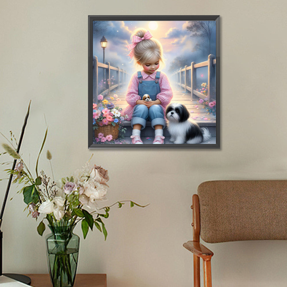 Little Girl And Puppy In The Garden - Full Round Drill Diamond Painting 30*30CM