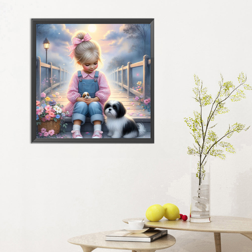 Little Girl And Puppy In The Garden - Full Round Drill Diamond Painting 30*30CM