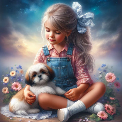 Little Girl And Puppy In The Garden - Full Round Drill Diamond Painting 30*30CM