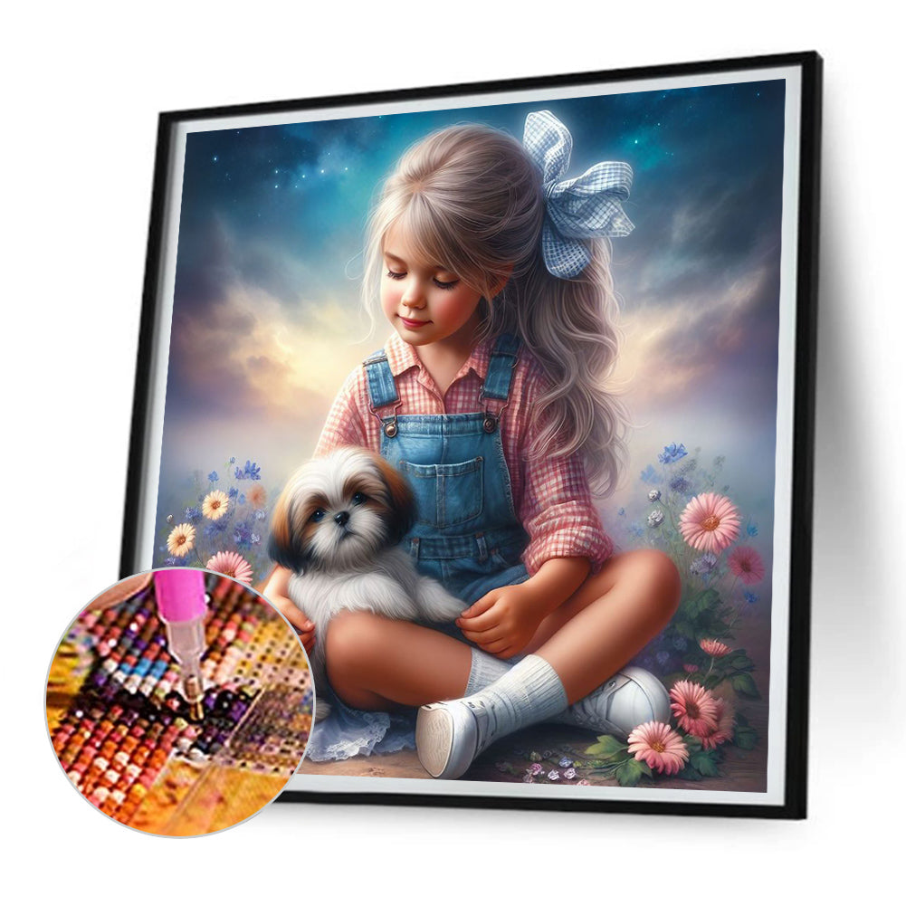 Little Girl And Puppy In The Garden - Full Round Drill Diamond Painting 30*30CM