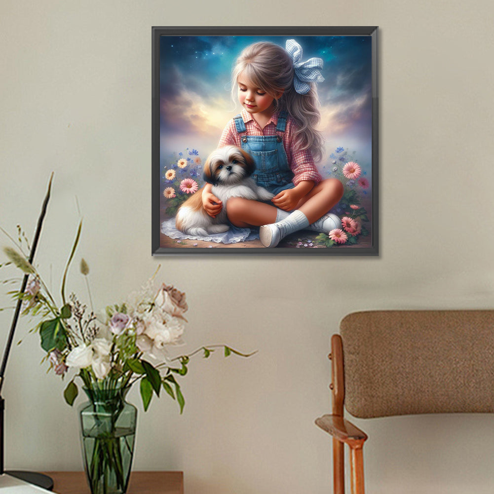 Little Girl And Puppy In The Garden - Full Round Drill Diamond Painting 30*30CM