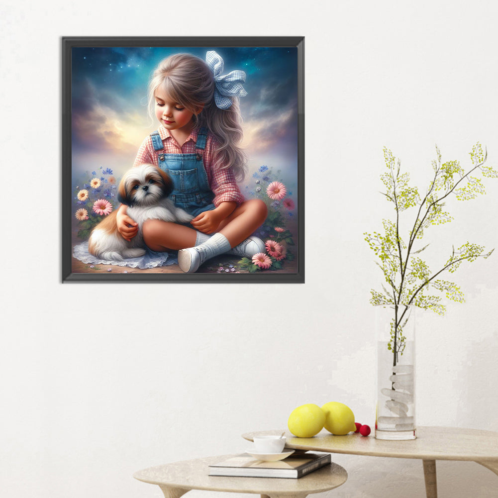 Little Girl And Puppy In The Garden - Full Round Drill Diamond Painting 30*30CM