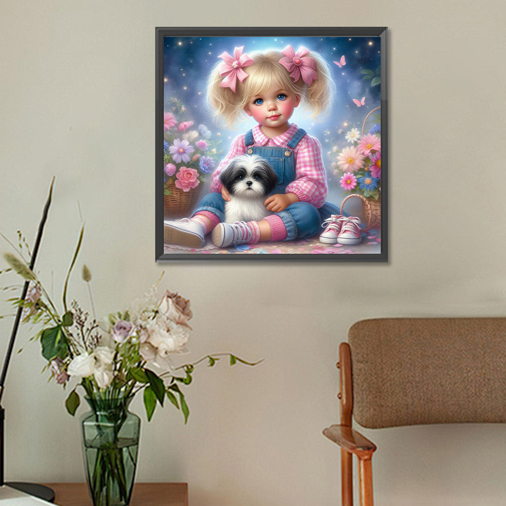 Little Girl And Puppy In The Garden - Full Round Drill Diamond Painting 30*30CM