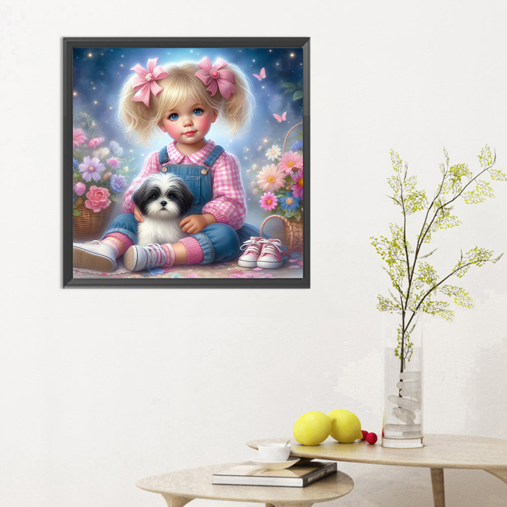 Little Girl And Puppy In The Garden - Full Round Drill Diamond Painting 30*30CM