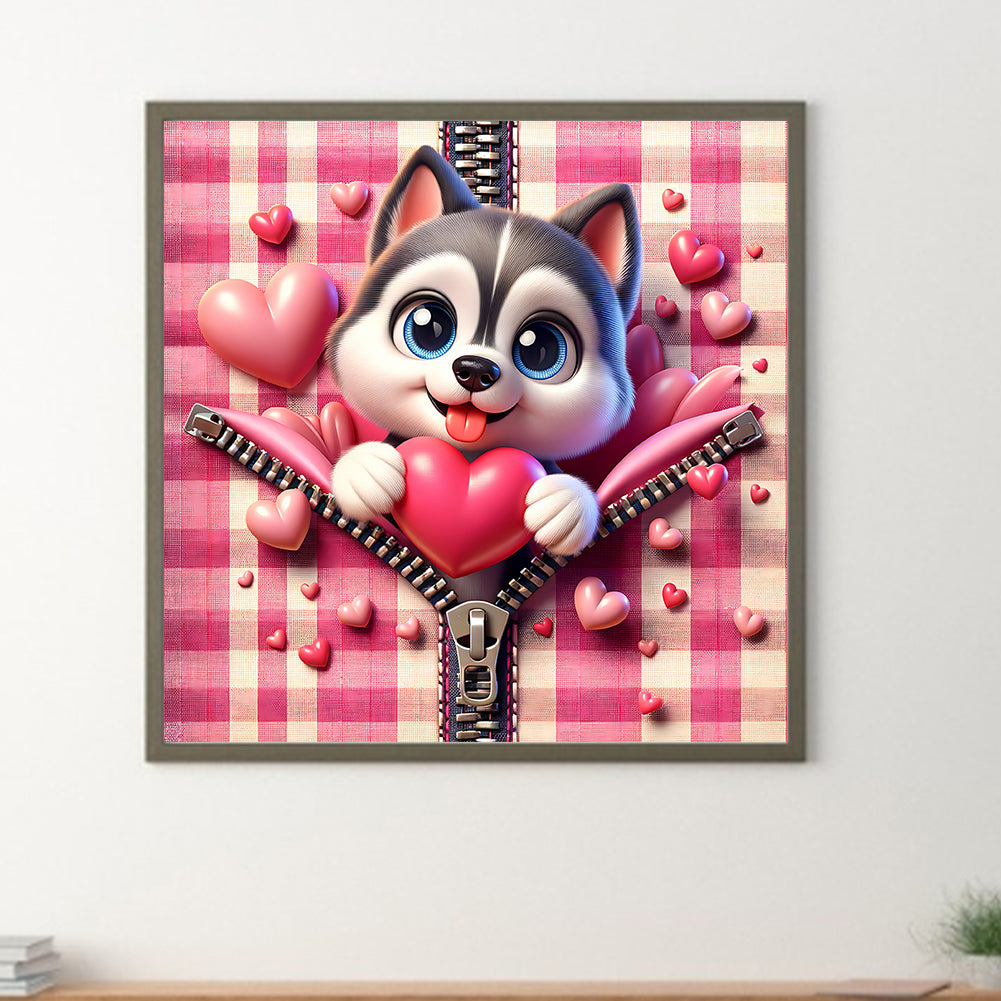 Pink Love Puppy-Husky - Full Round Drill Diamond Painting 30*30CM