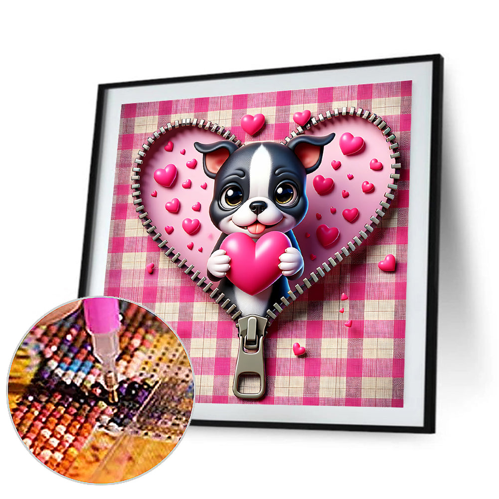 Pink Love Puppy-Valentine Day Boston Terrier - Full Round Drill Diamond Painting 30*30CM