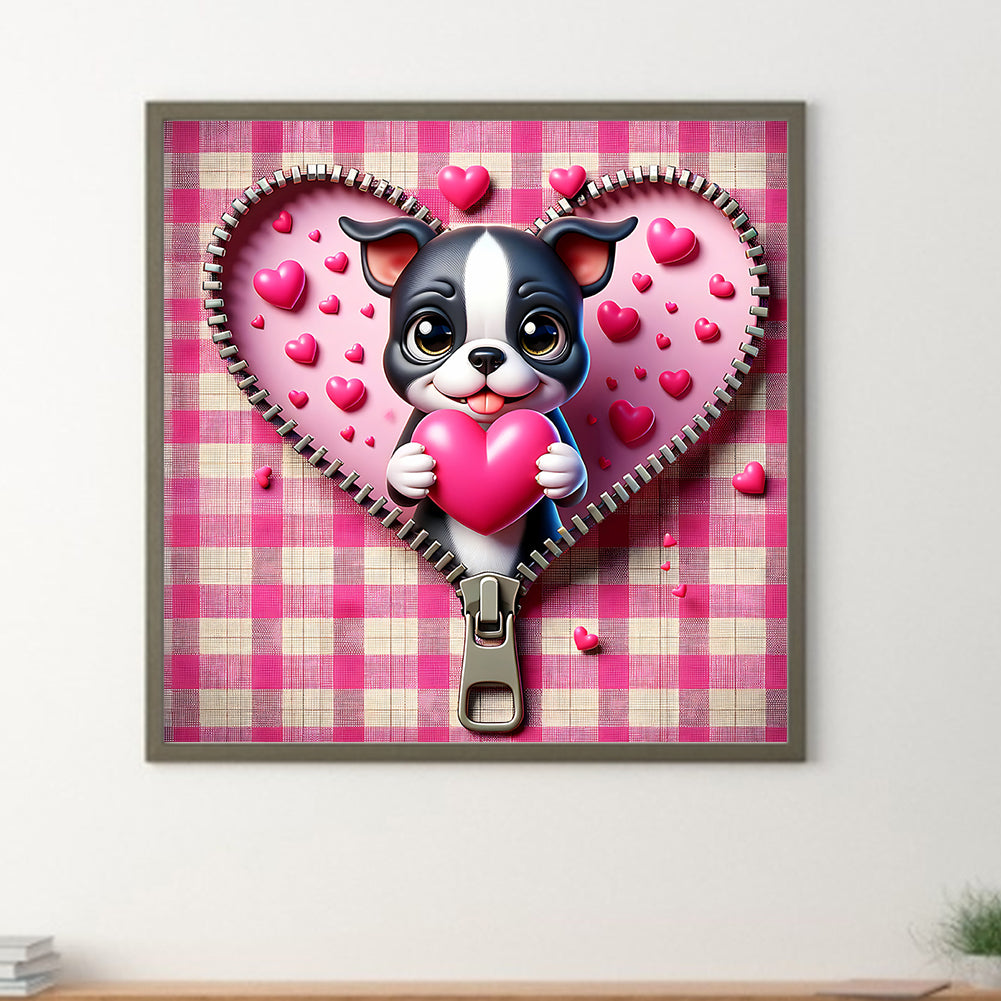 Pink Love Puppy-Valentine Day Boston Terrier - Full Round Drill Diamond Painting 30*30CM