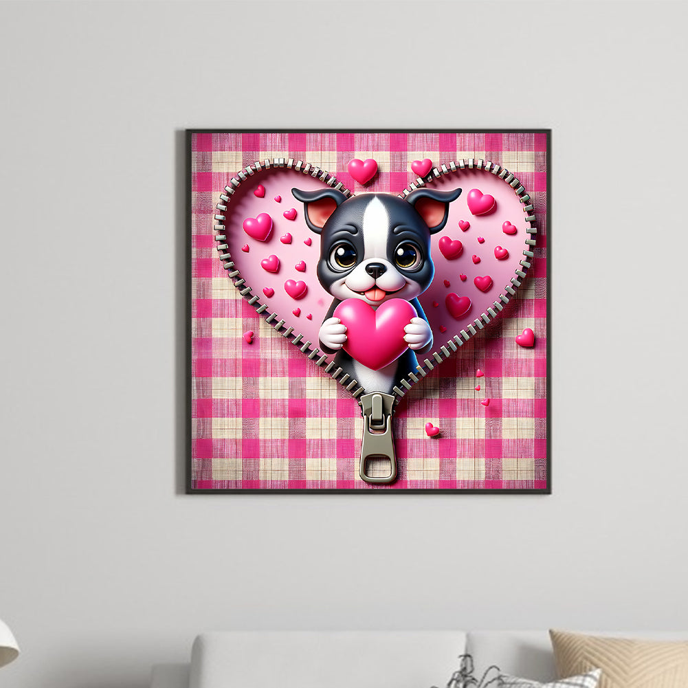 Pink Love Puppy-Valentine Day Boston Terrier - Full Round Drill Diamond Painting 30*30CM