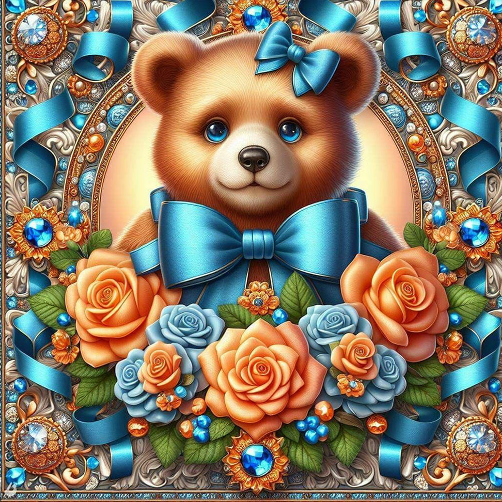 Flowers Brown Bear - Full Round Drill Diamond Painting 30*30CM