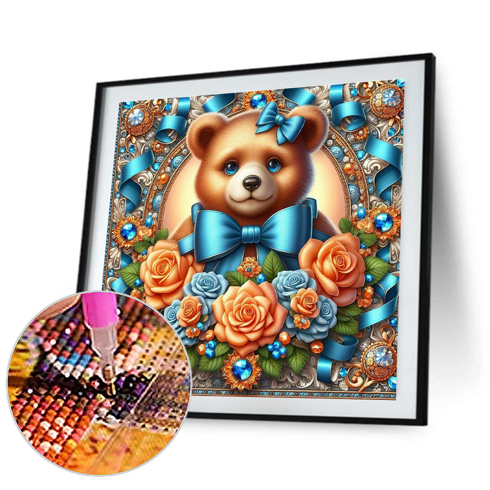 Flowers Brown Bear - Full Round Drill Diamond Painting 30*30CM