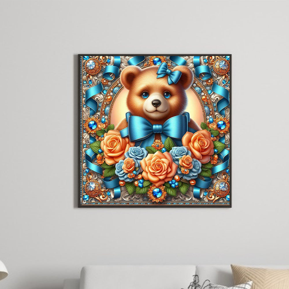 Flowers Brown Bear - Full Round Drill Diamond Painting 30*30CM