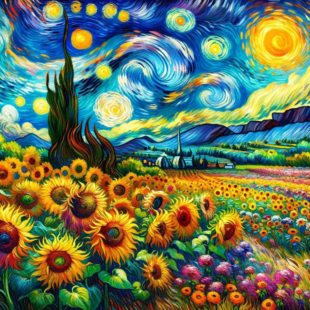 Colored Lead Painting Of Flower Field And Starry Sky - Full Round Drill Diamond Painting 40*40CM