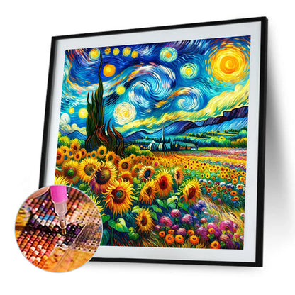 Colored Lead Painting Of Flower Field And Starry Sky - Full Round Drill Diamond Painting 40*40CM