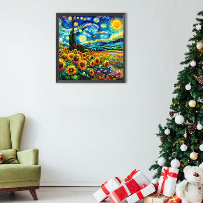 Colored Lead Painting Of Flower Field And Starry Sky - Full Round Drill Diamond Painting 40*40CM