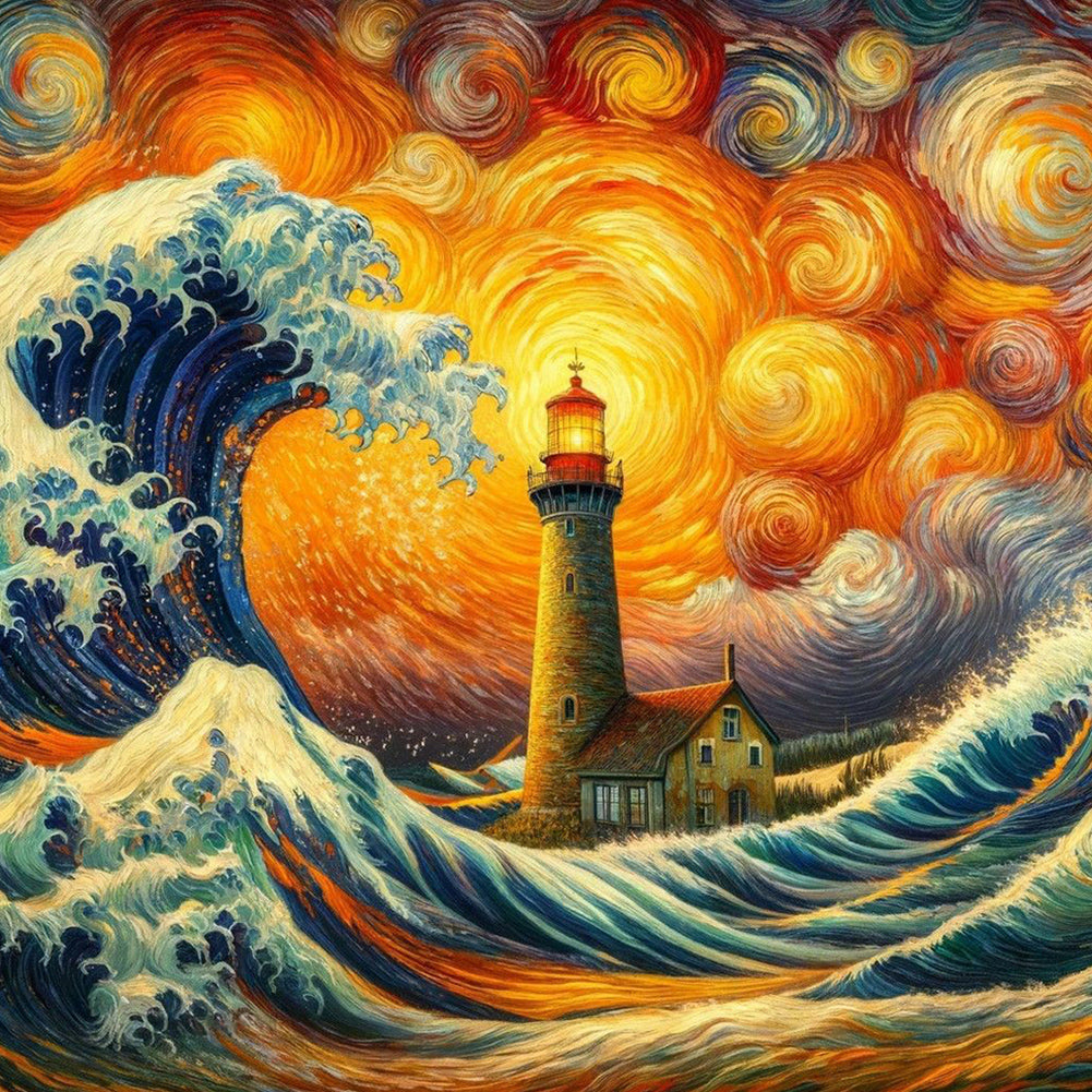 Colored Lead Painting Of Lighthouse On The Sea - Full Round Drill Diamond Painting 40*40CM