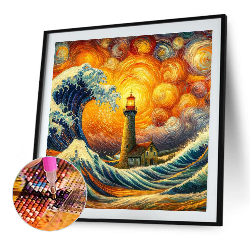 Colored Lead Painting Of Lighthouse On The Sea - Full Round Drill Diamond Painting 40*40CM