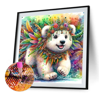 Indian Colored Feather White Bear - Full Round Drill Diamond Painting 40*40CM