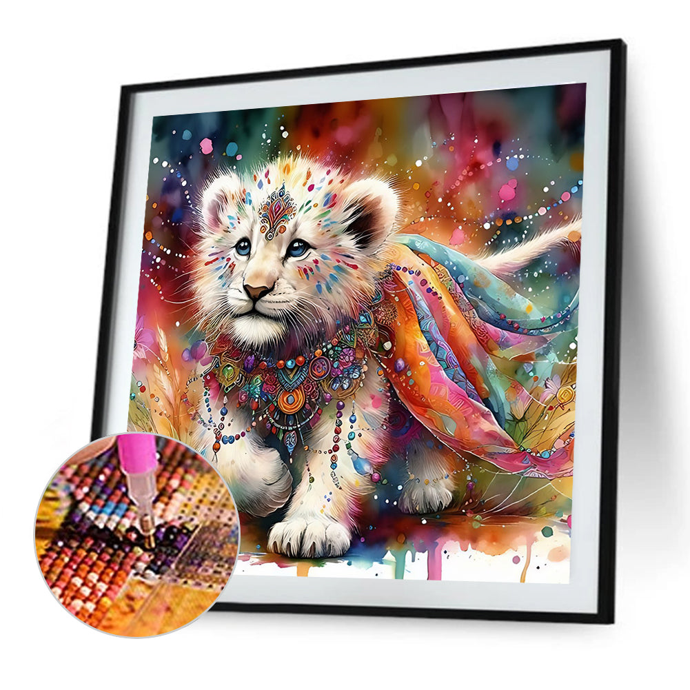 Indian White Lion With Colorful Feathers - Full Round Drill Diamond Painting 40*40CM