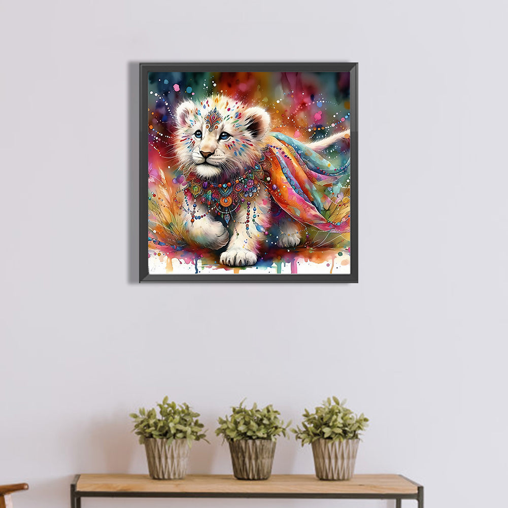 Indian White Lion With Colorful Feathers - Full Round Drill Diamond Painting 40*40CM