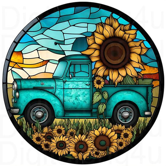 Round Brand Sunflower Classic Car - Full Round Drill Diamond Painting 30*30CM