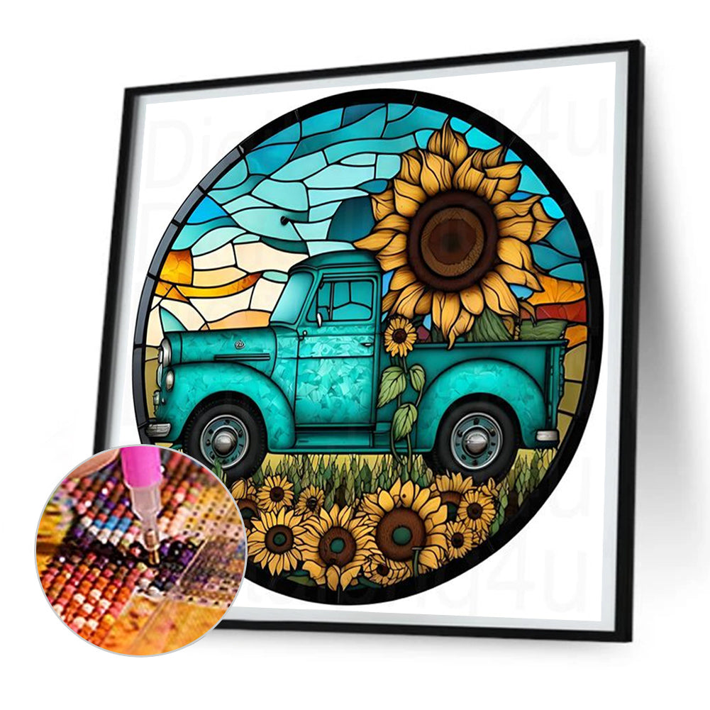 Round Brand Sunflower Classic Car - Full Round Drill Diamond Painting 30*30CM