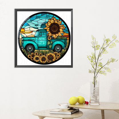 Round Brand Sunflower Classic Car - Full Round Drill Diamond Painting 30*30CM