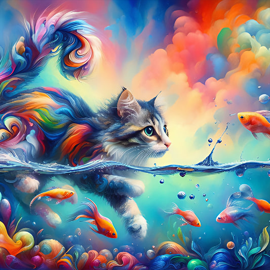 Goldfish And Colorful Cat - Full Round Drill Diamond Painting 40*40CM