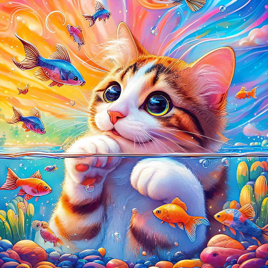 Goldfish And Little Orange Cat - Full Round Drill Diamond Painting 40*40CM