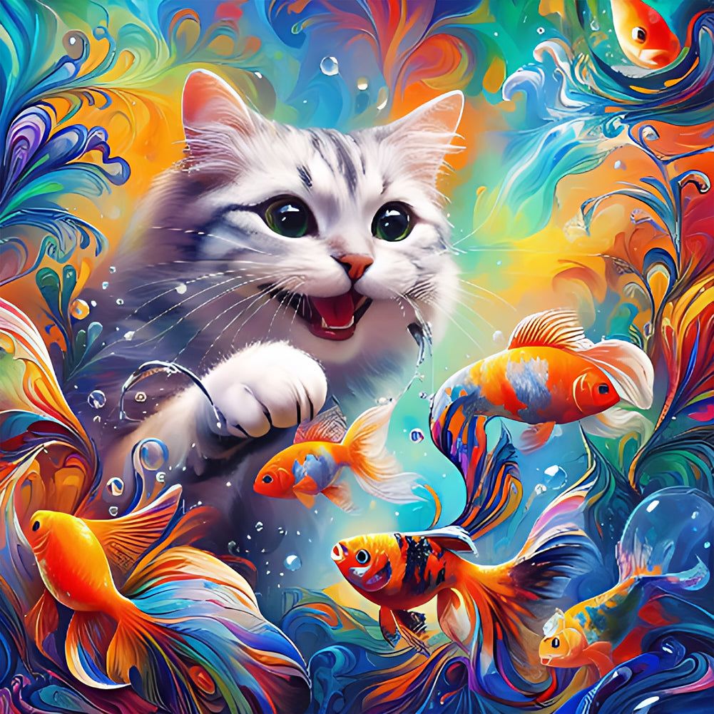 Goldfish And Black And White Cat - Full Round Drill Diamond Painting 40*40CM