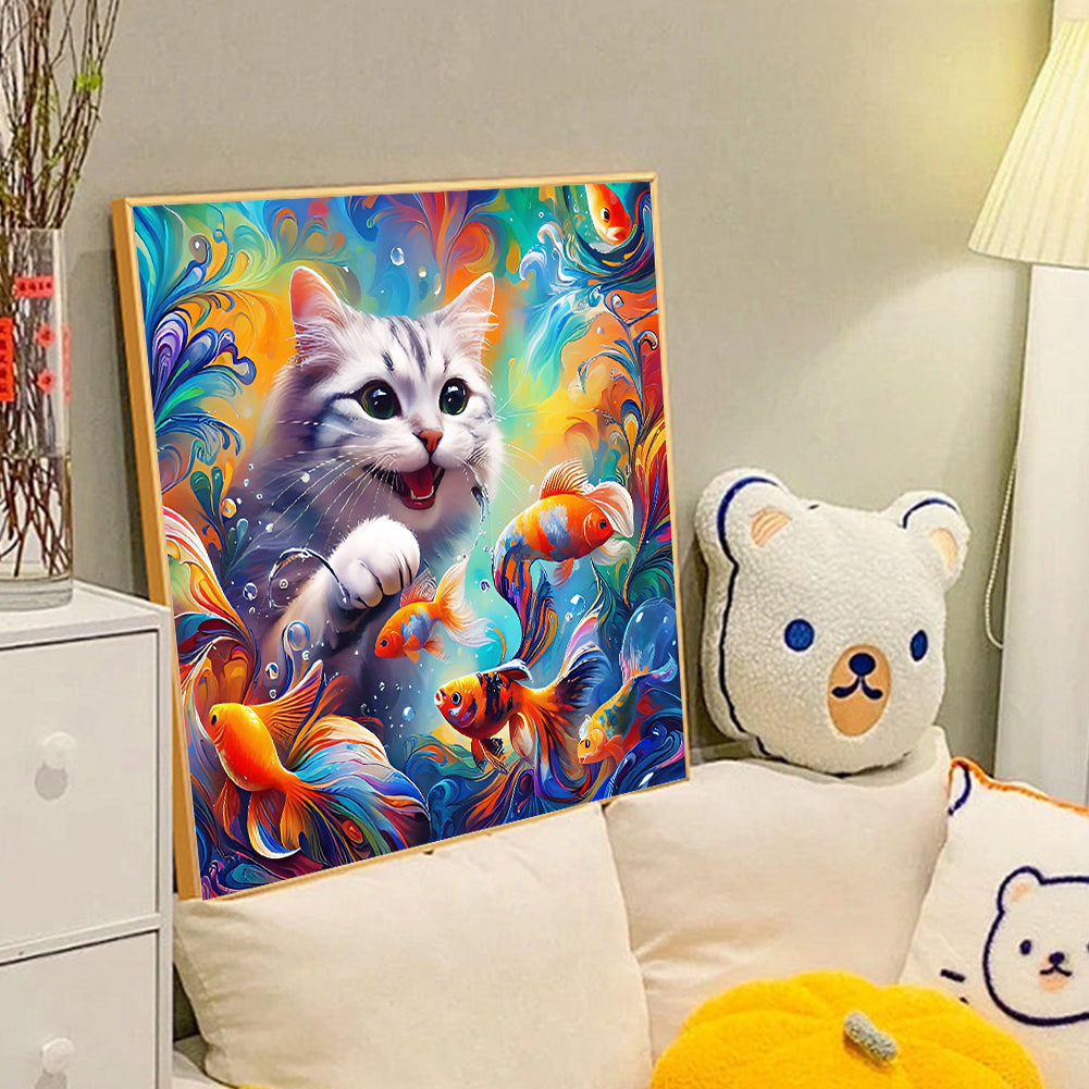 Goldfish And Black And White Cat - Full Round Drill Diamond Painting 40*40CM