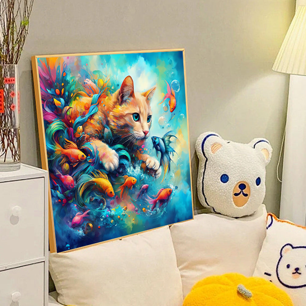 Goldfish And Orange Cat - Full Round Drill Diamond Painting 40*40CM