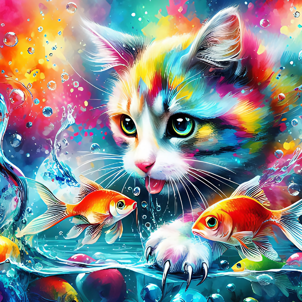 Goldfish And Colorful Cat - Full Round Drill Diamond Painting 40*40CM