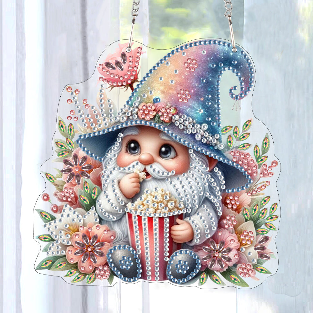 Acrylic Gnome Diamond Art Hanging Pendant for Window Decor (Popcorn Gnome)