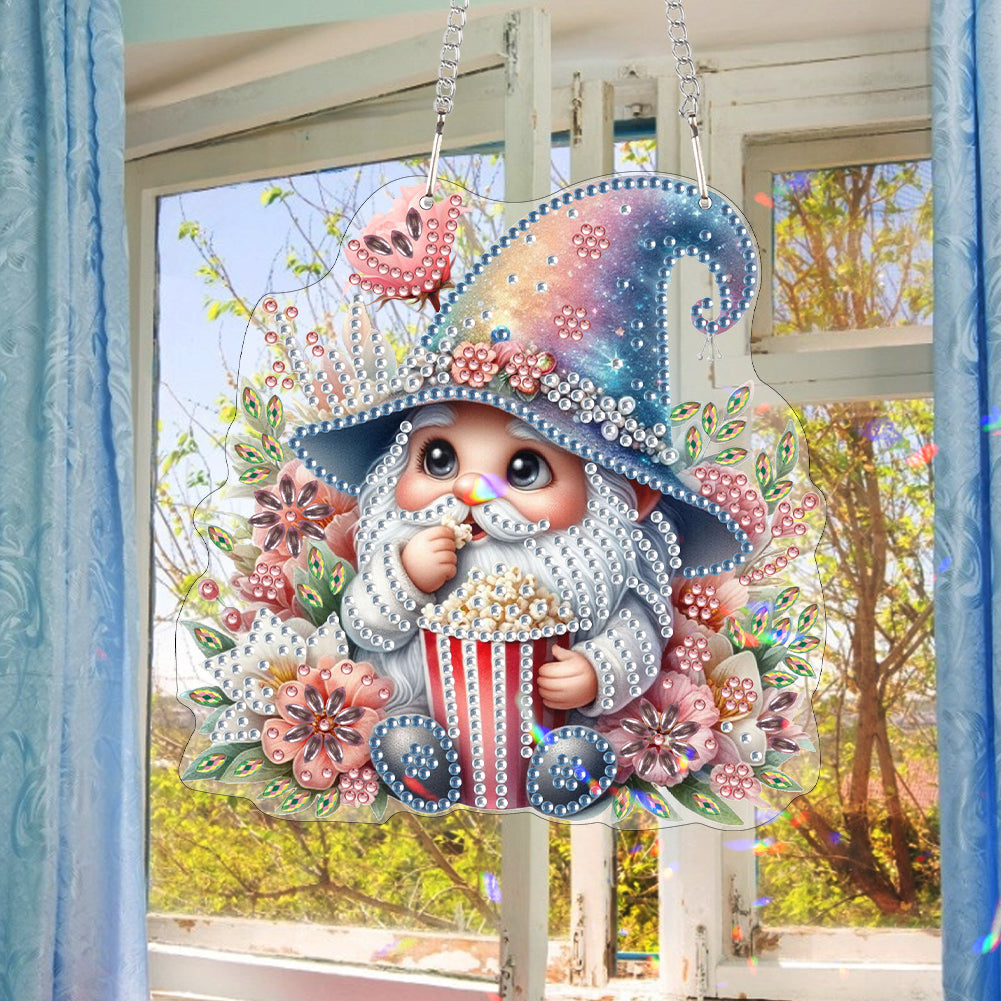 Acrylic Gnome Diamond Art Hanging Pendant for Window Decor (Popcorn Gnome)