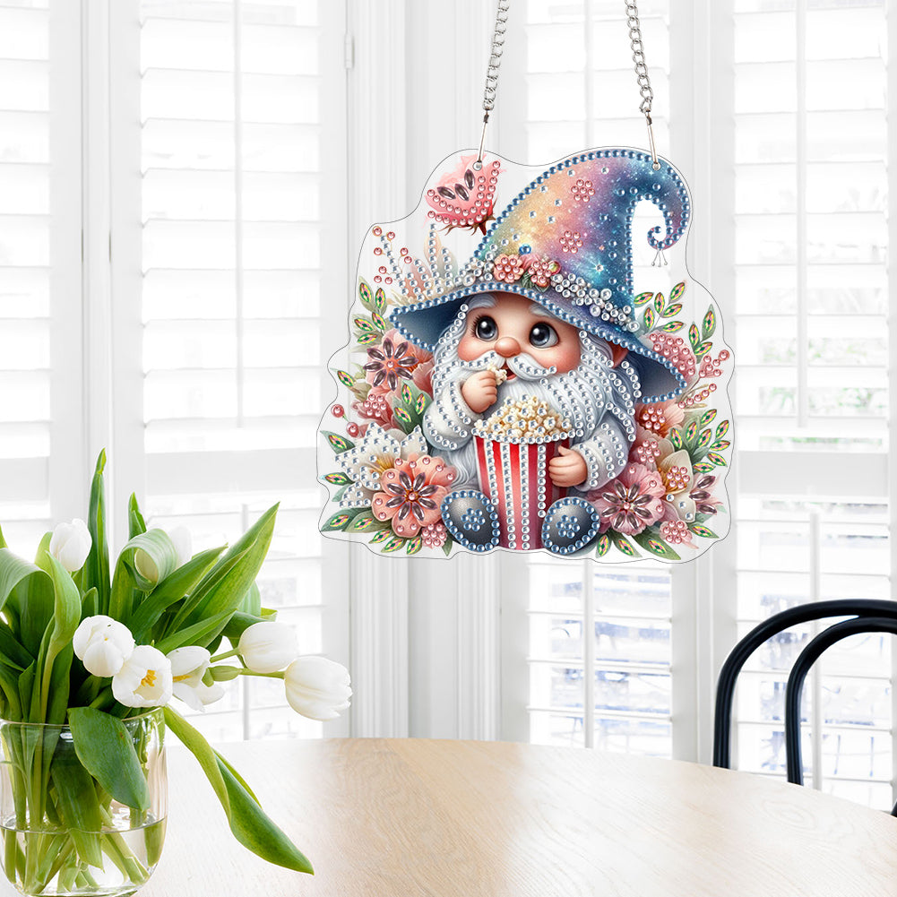 Acrylic Gnome Diamond Art Hanging Pendant for Window Decor (Popcorn Gnome)