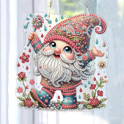 Acrylic Gnome Diamond Art Hanging Pendant for Window Decor (Flower Gnome)