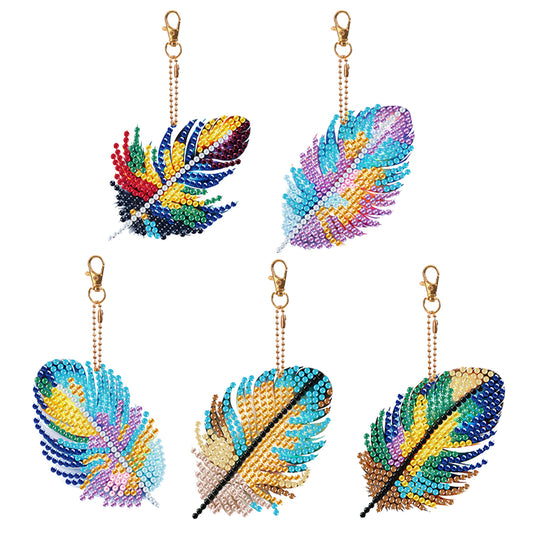 5Pcs Double Sided Feather Diamond Painting Art Keychain Pendant DIY Crafts Decor