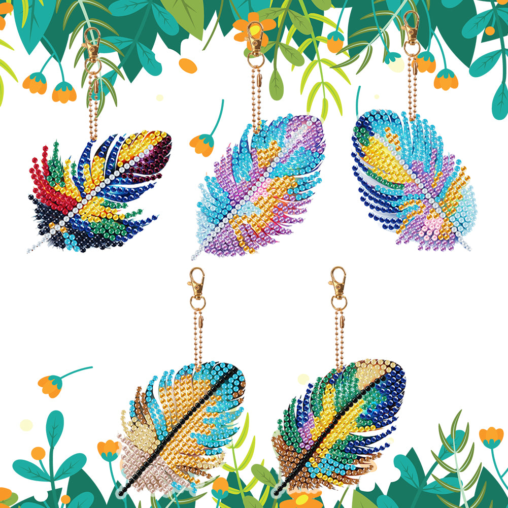 5Pcs Double Sided Feather Diamond Painting Art Keychain Pendant DIY Crafts Decor